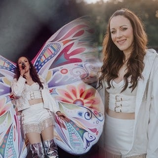 Collage: Der 90er-Jahre Star Jasmin Wagner aka Blümchen in weißer Kleidung, umrandet von Tänzern beim Campus Festival 2025.