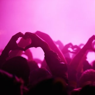 Menschen zeigen bei einem Konzert mit den Händen Herzen. Laut einer Studie macht Live-Musik uns glücklich.