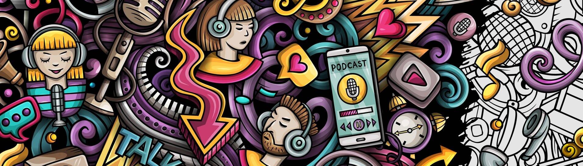 Illustration: Menschen hören Audio-Inhalte und Podcasts (Foto: Adobe Stock/balabolka)