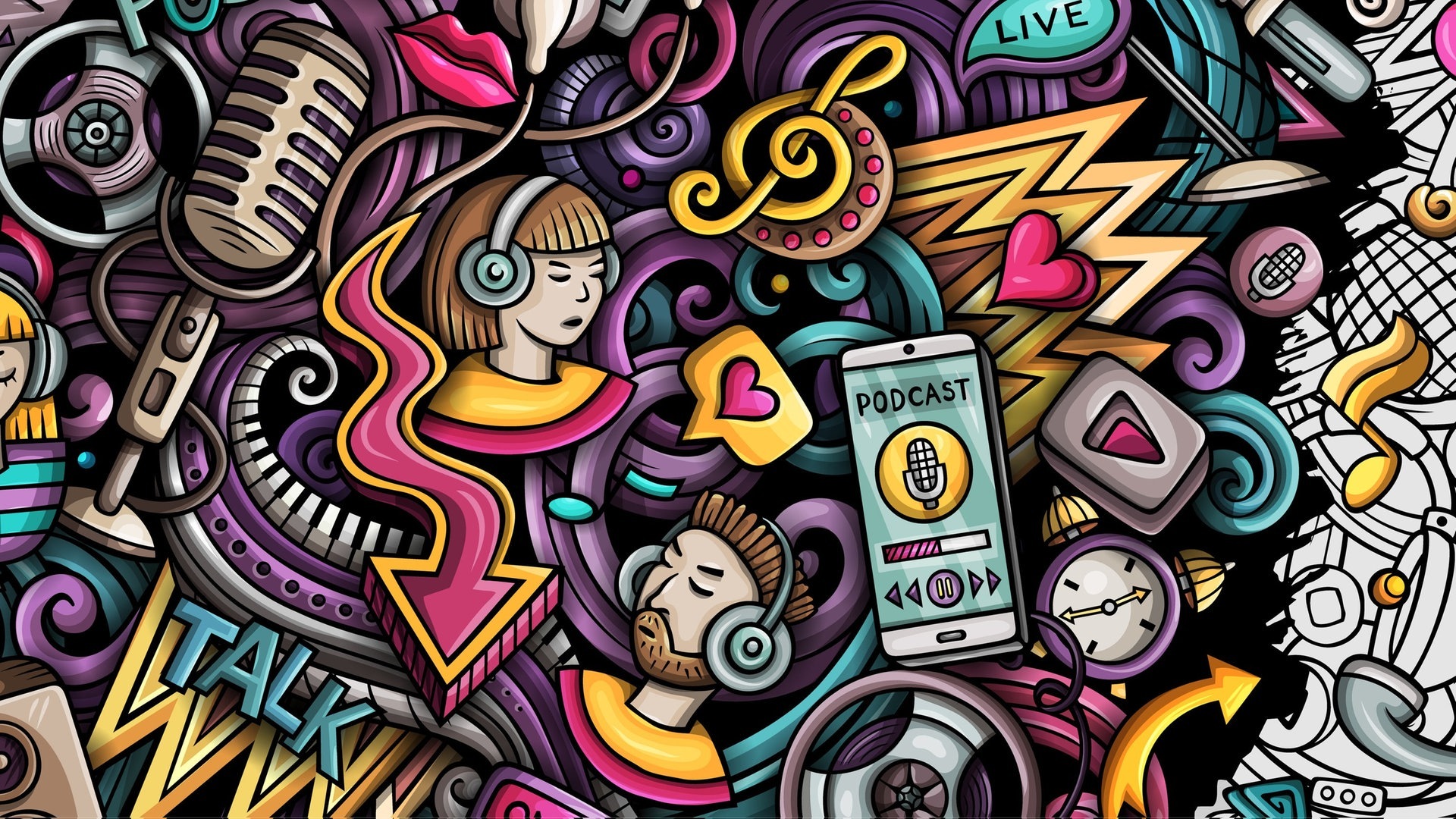 Illustration: Menschen hören Audio-Inhalte und Podcasts (Foto: Adobe Stock/balabolka)