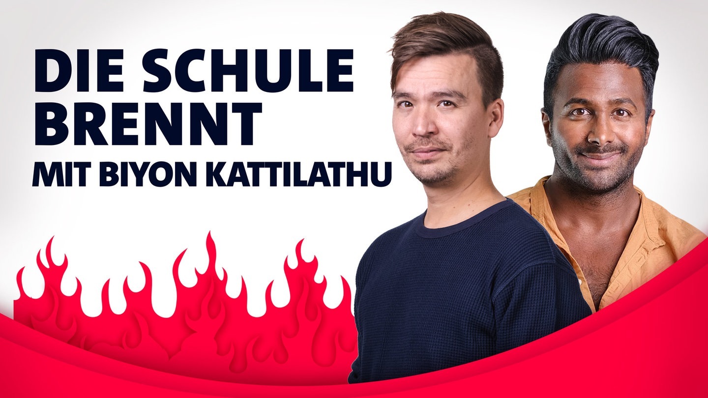 Foto: SWR3 Die Schule brennt - mit Biyon Kattilathu und Bob Blume vor Flammen (Foto: SWR3)