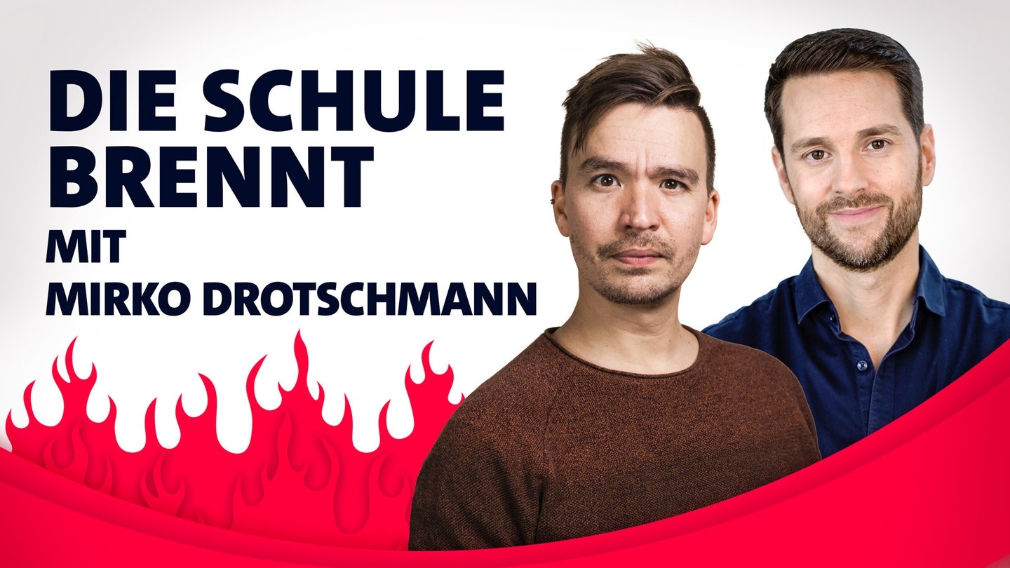 Foto: SWR3 Mirko Drotschmann und Bob Blume vor Flammen (Foto: SWR3)
