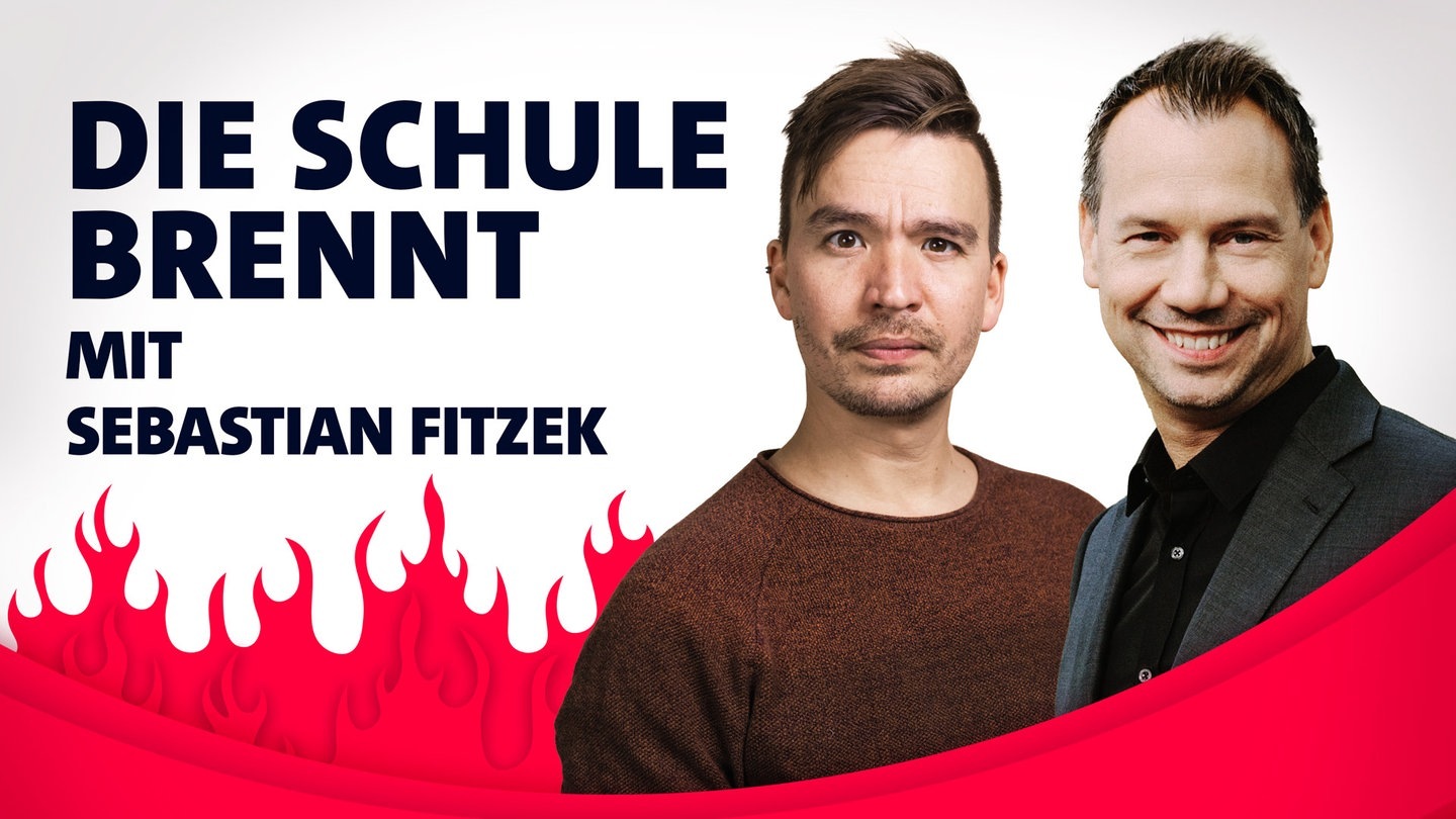 Foto: SWR3 Sebastian Fitzek und Bob Blume vor Flammen (Foto: SWR3)