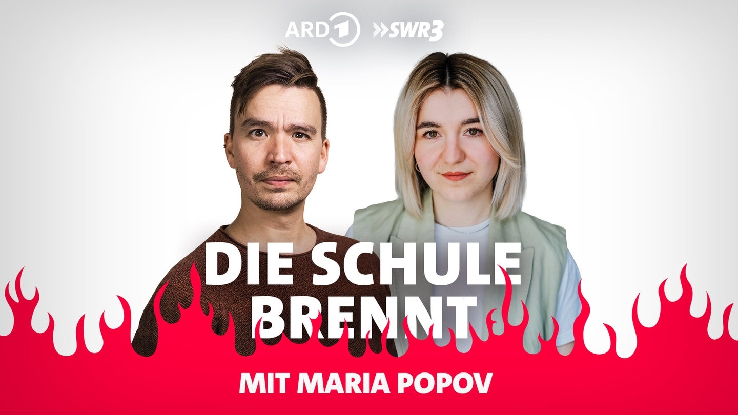 Foto: SWR3 Bob Blume und Maria Popov vor Flammen (Foto: SWR3)