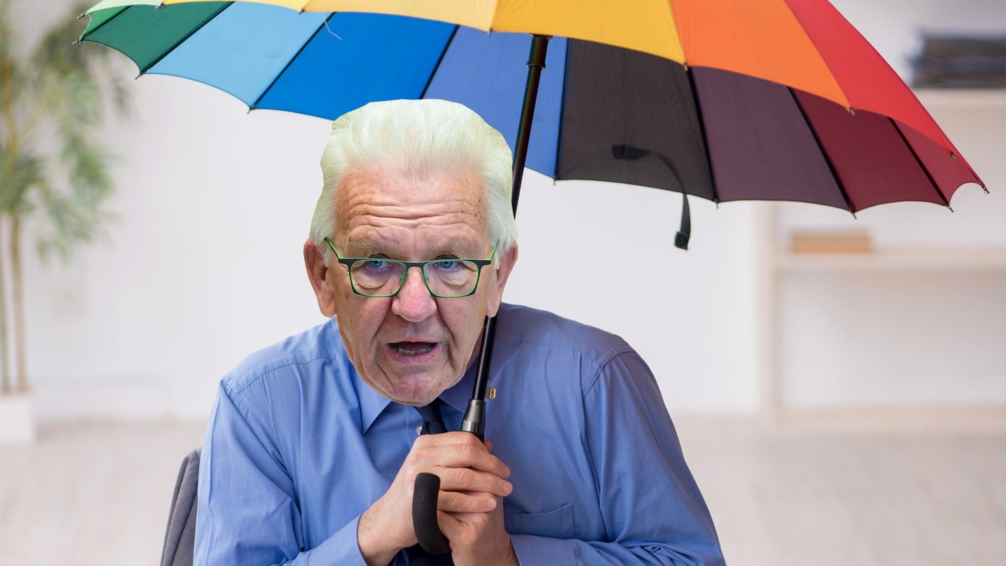 Foto: picture-alliance / Reportdienste, Elnur Amikishiyev; Bernd Weißbrod Winfried Kretschmann sitzt unter einem Regenschim im Büro (Foto: picture-alliance / Reportdienste, Elnur Amikishiyev; Bernd Weißbrod)