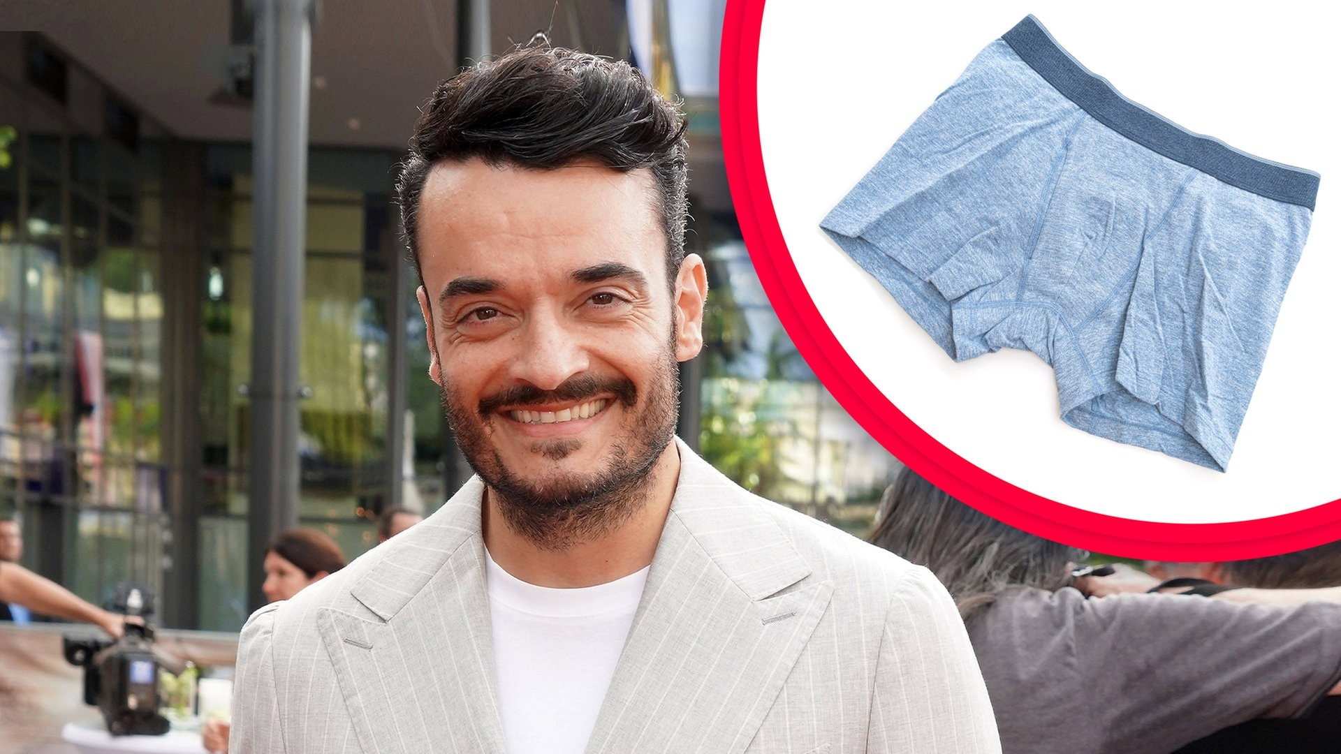 Giovanni Zarella und seine Unterhose für Giulia Becker (Foto: IMAGO, Pond5 Images, Apress)