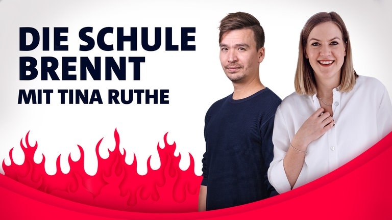 Die Schule brennt - Tina Ruthe und Bob Blume vor künstlichen Flammen (Foto: SWR3)