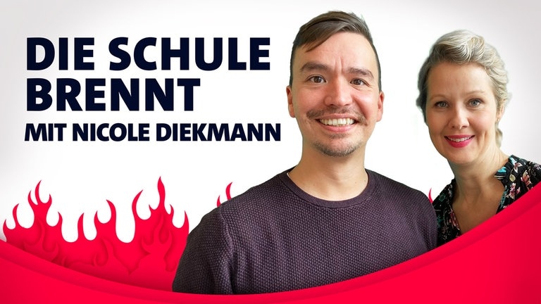 Nicole Diekmann und Bob Blume vor Flammen (Foto: SWR3)