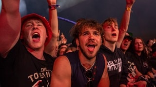 Junge Menschen stehen gemeinsam direkt vor der Bühne und feiern wie viele Fans bei Rock am Ring.