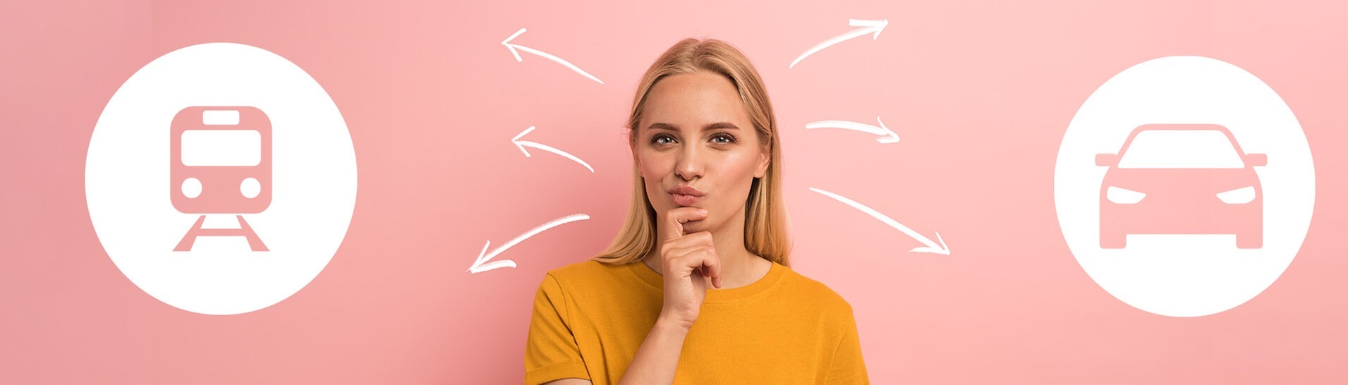 Junge Frau denk nach: "Bahn oder Auto?" in Denkblasen (Foto: AdobeStock-alphaspirit; AdobeStock-PopsaArts)