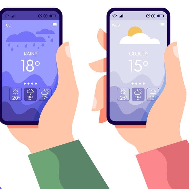 Hände halten Smartphones mit Wetter-Apps
