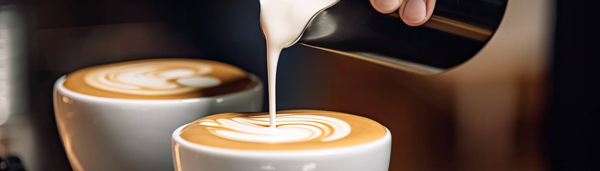 Barista gießt aufgeschäumte Milch in zwei Kaffeetassen