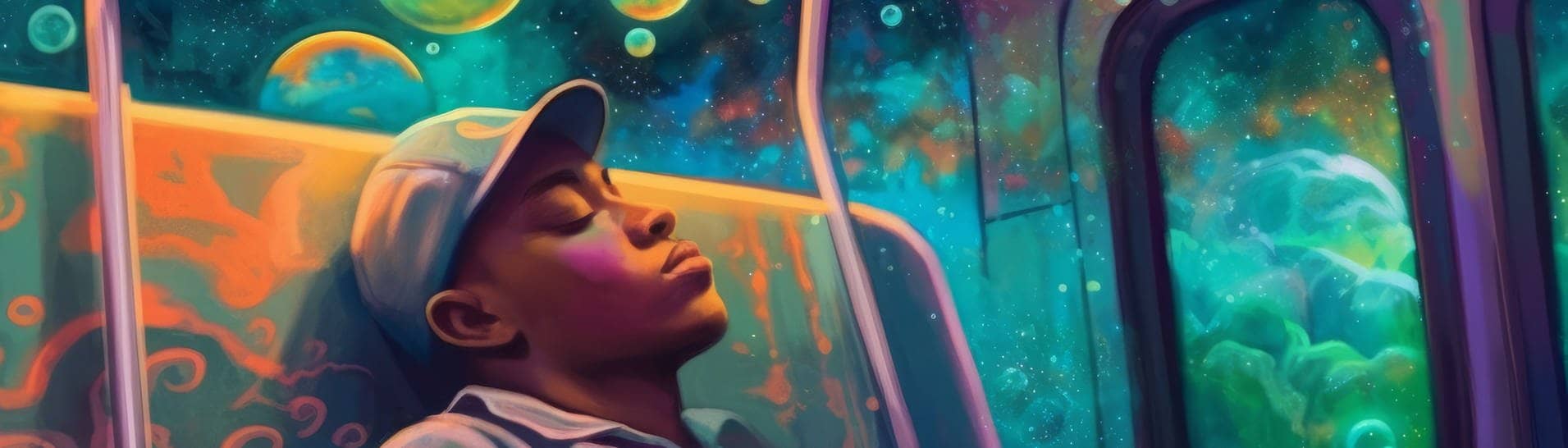 Junger Mann schläft in der U-Bahn über seinem Kopf Blasen mit lebhaften Träumen