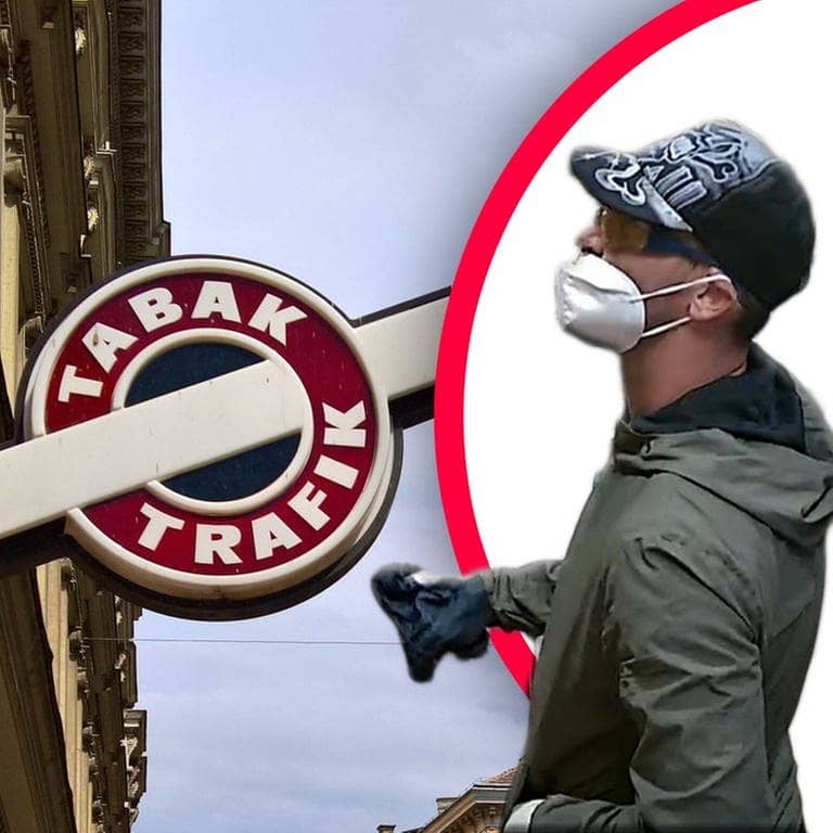 Collage eines Schilds an einer Tabak-Trafik und des maskierten Räubers in einer Grazer Trafik