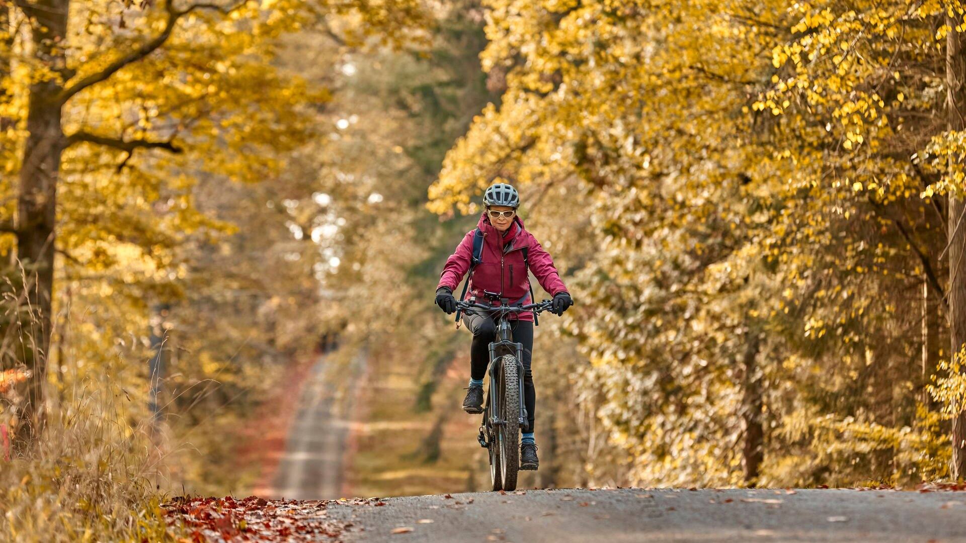 Eine Frau fährt mit dem E-Bike durch einen Wald im Herbst. (Foto: IMAGO, IMAGO / Zoonar)