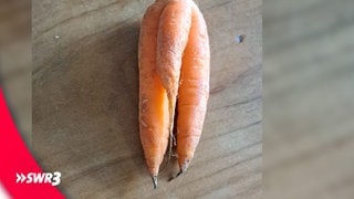 Ein lustiges Foto eines Lebensmittels, das eine orange Karotte mit drei Armen zeigt. (Foto: SWR3, privat) Ein lustiges Foto eines Lebensmittels, das eine orange Karotte mit drei Armen zeigt.