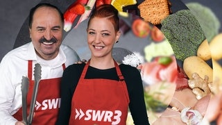 Koch Johann Lafer und Köchin Meta Hiltebrand auf Hintergund mit Lebensmitteln (Foto: SWR3) Koch Johann Lafer und Köchin Meta Hiltebrand auf Hintergund mit Lebensmitteln