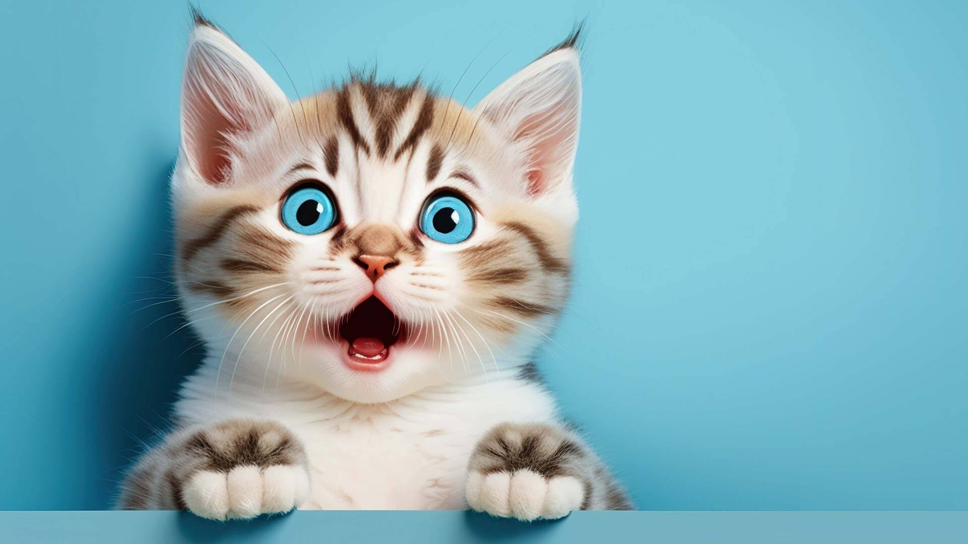 Kleines Kätzchen vor blauem Hitnergrund reißt die Augen weit auf und sieht überrascht aus (Foto: Adobe Stock, Adobe Stock /  Meow Creations)
