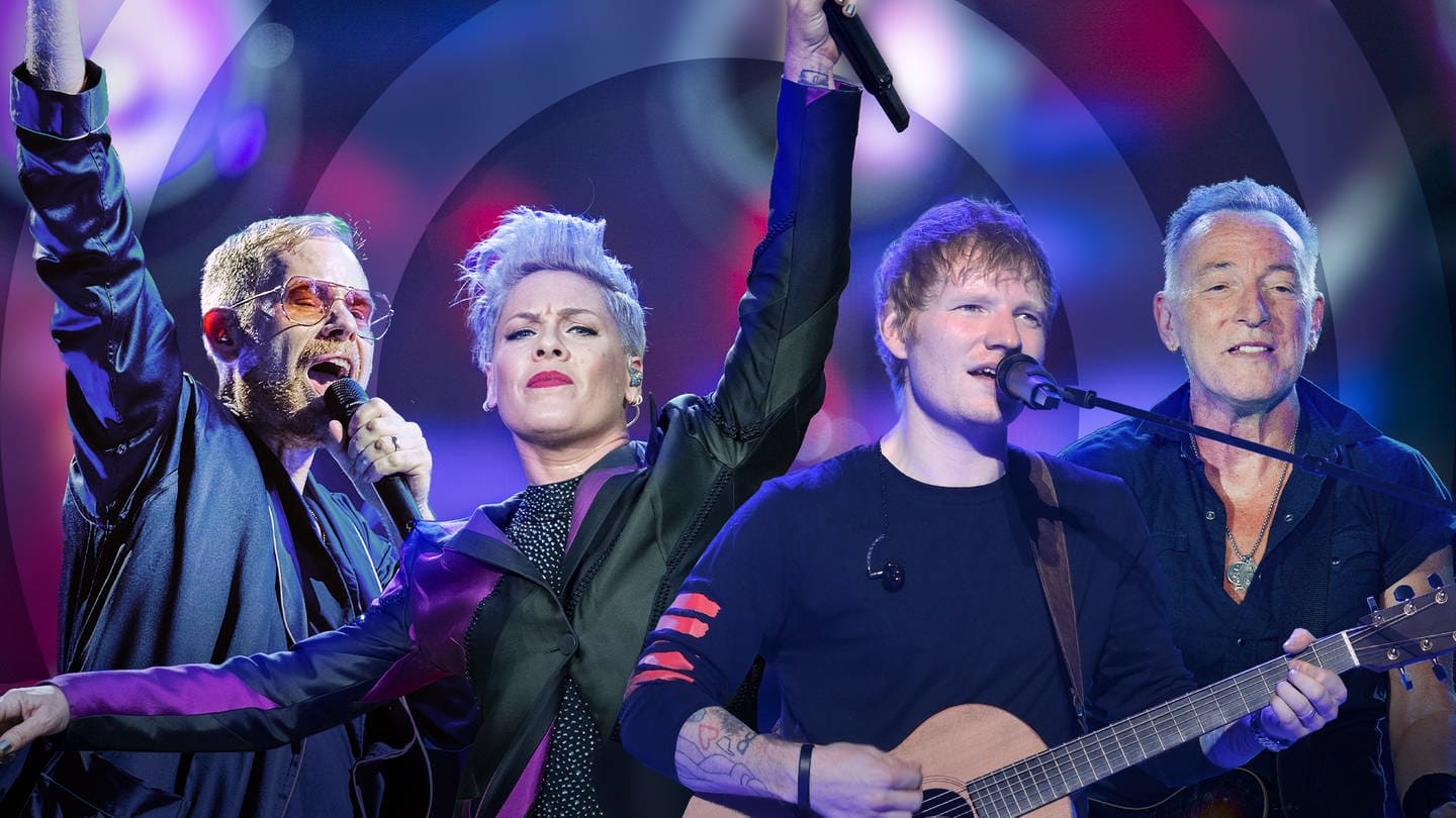 Die Sänger Peter Fox, Ed Sheeran, Bruce Springsteen und die Sängerin Pink bei Live-Konzerten